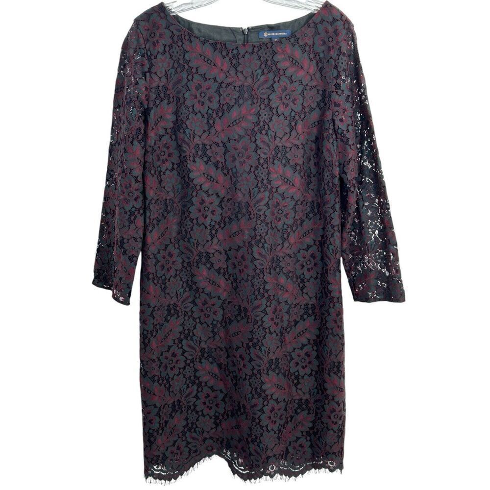Brooks Brothers Maroon Green Lace Overlay Long Sleeve Lined Dress Size 12